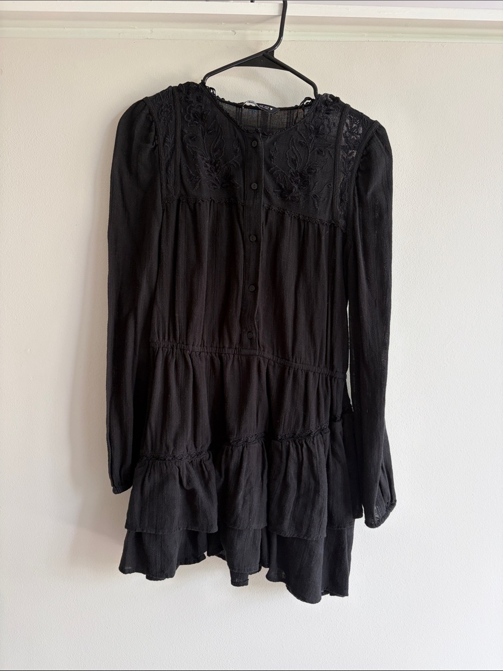 Zara Black Long-Sleeve Tiered Lace Yoke Dress